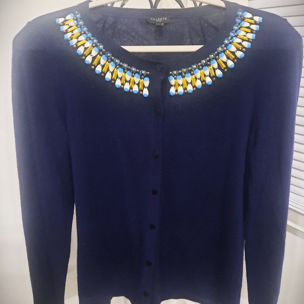 Talbots Navy Lambswool Embellished Button Front Cardigan SIze Med